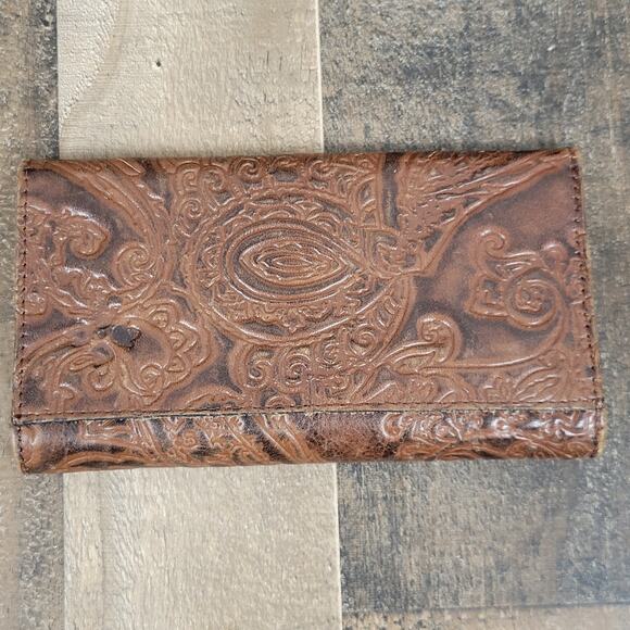 Patricia Nash Wallet Brown Tooled Italian Leather Snap Fold Out‎ Checkbook - Picture 1 of 15